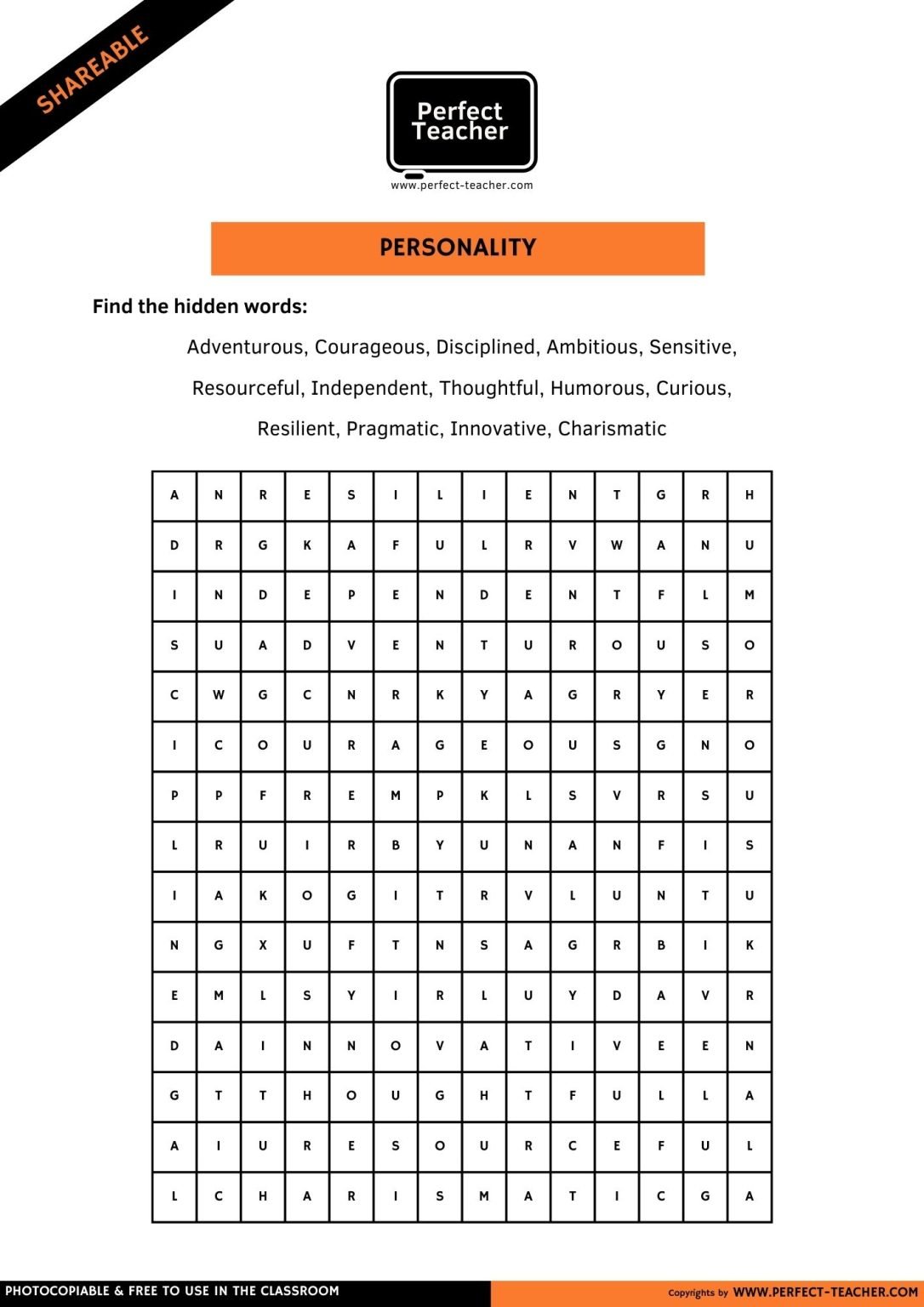 PERSONALITY – WORDSEARCH
