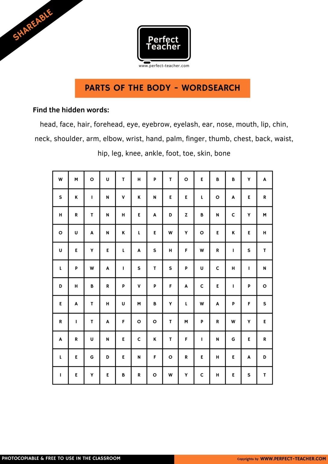 PARTS OF THE BODY – WORDSEARCH