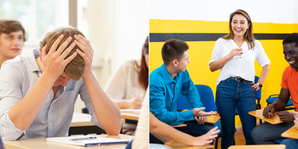 Left (Frustrated Student): This shows a student feeling frustrated, representing the negative impact of over-correcting grammar mistakes, which can harm confidence and willingness to speak.
Right (Teacher Leading Discussion): The teacher leading a group discussion illustrates how focusing on communication and encouraging student participation can foster a more positive and immersive learning experience.